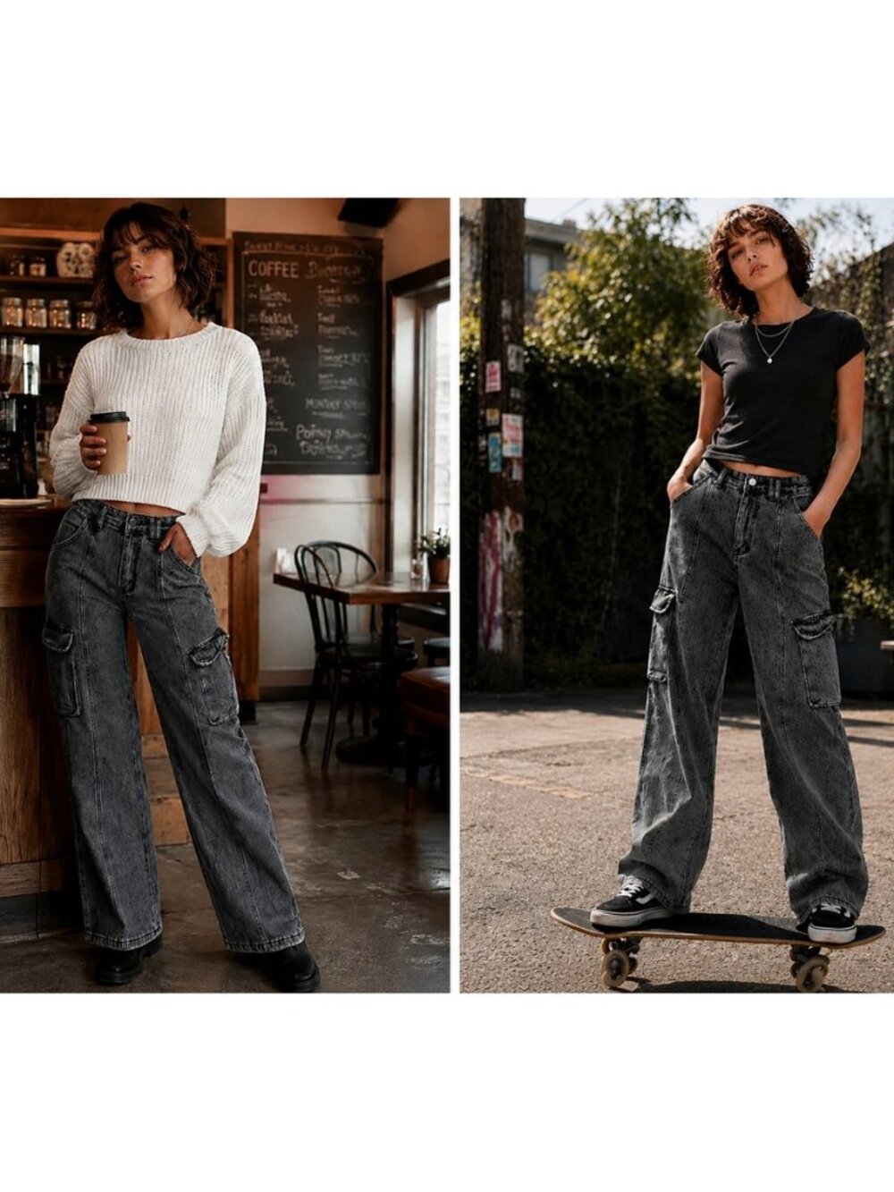 Womens Wide-Leg Cargo Pants Jeans XS Grunge Skater Goth Alternative 80's Granola